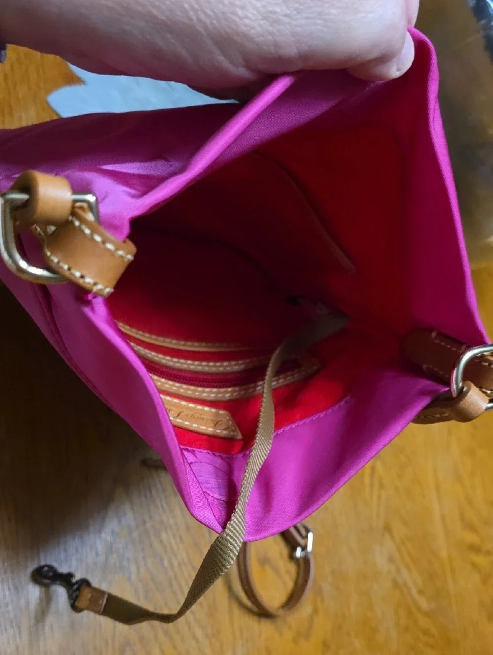 Dooney & Bourke Fuchsia Nylon Crossbody with Tan Leather Strap